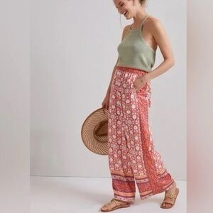 By Anthropologie Vale Satin Boho Pattern Wide Leg Pants Size L Palazzo